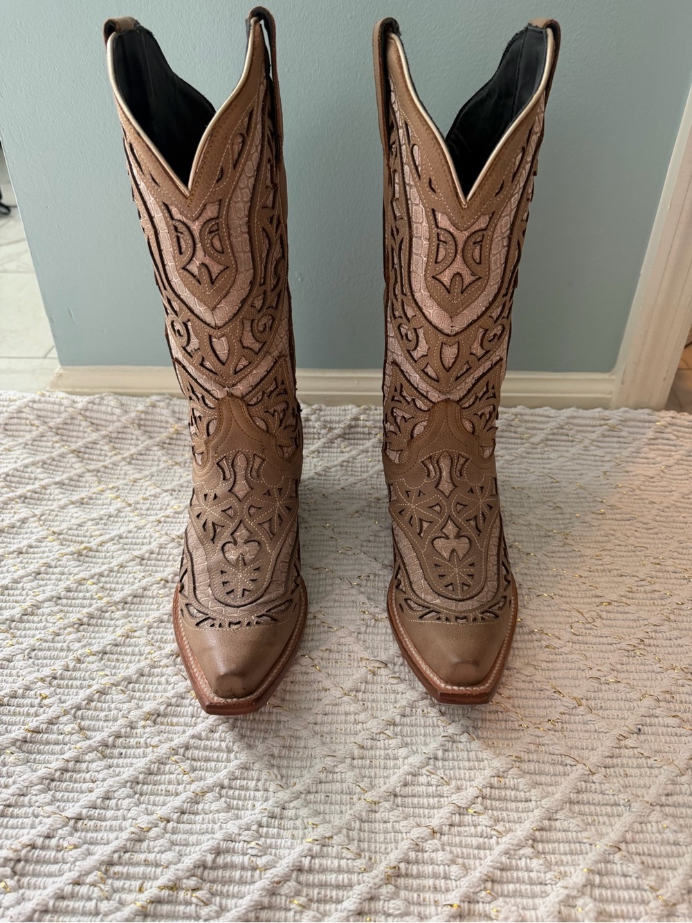 J.B. Dillon Tan Brown Laser-Cut Western Knee-High Boots
